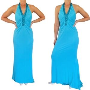 JS Boutique bright blue beaded halter v-neck full length formal gown size 6